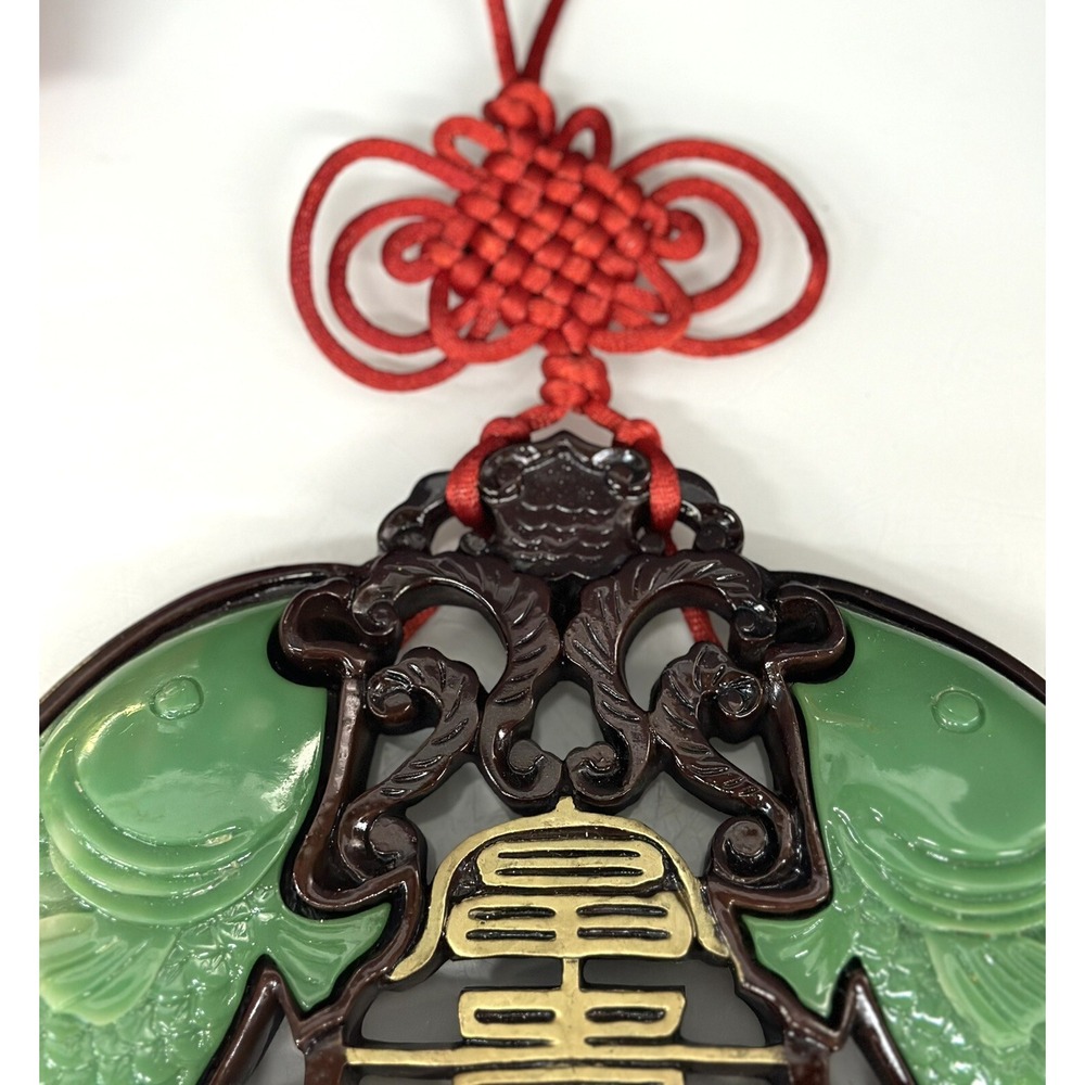 ORIENTAL KOI FISH Red Hanging Lucky Knots CARVED FAUX Green JADE WALL ART - Picture 6 of 11